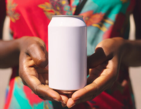 White aluminum can mockup template held by person in colorful shirt