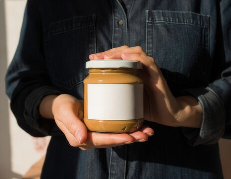 Peanut butter jar mockup template held by person with blank label