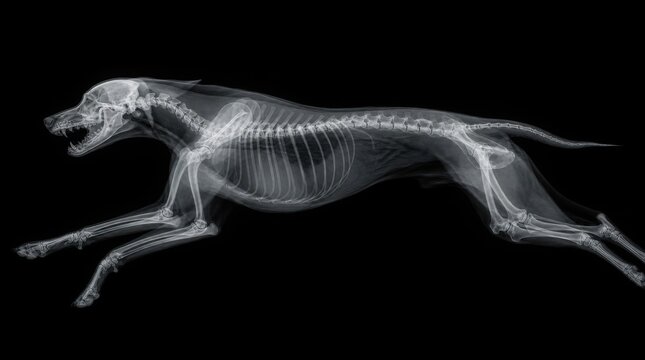 X-ray image of a dog mid-run, showing detailed skeletal structure and bone anatomy against a black background.