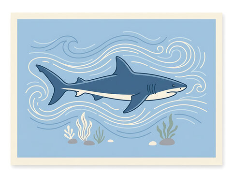 Cute Great White Shark Swimming Underwater Marine Life Ocean Art Poster Design