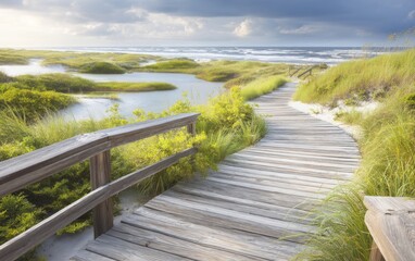 Fototapeta premium Serene wooden boardwalk pathway through coastal dune landscape under cloudy sky