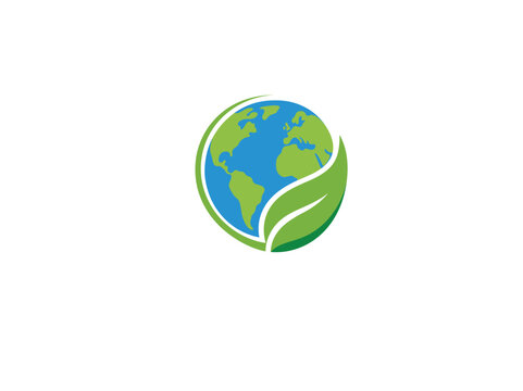 Green earth leaf logo vector design, eco friendly globe icon for environment protection and sustainable renewable energy business