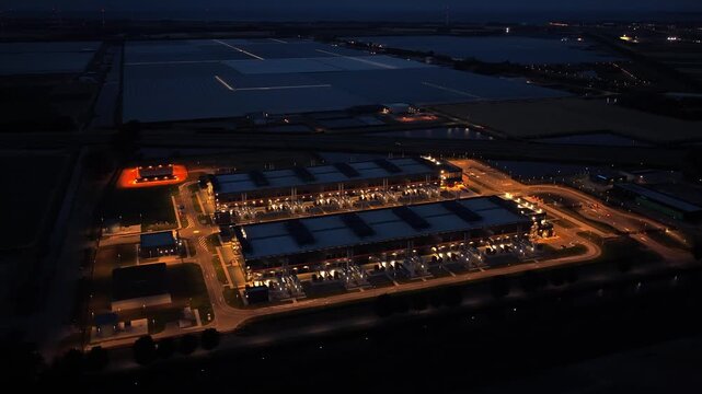 Hyperscale data center aerial view at night for ai and cloud computing