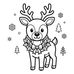 Fototapeta premium Cute Reindeer with Christmas Wreath Coloring Page