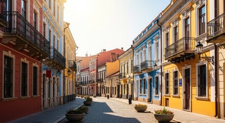 Fototapeta premium The image showcases a picturesque, historic street in a European city. Colorful buildings line the cobblestone street, each with unique architectural details and vibrant facades.