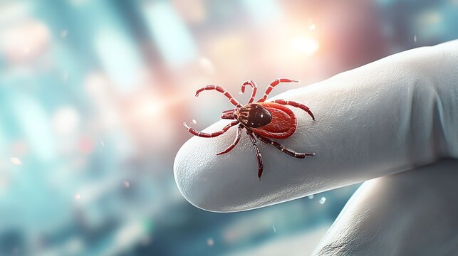 Close-up of a tiny tick on a finger with a blurred background of indoor environment