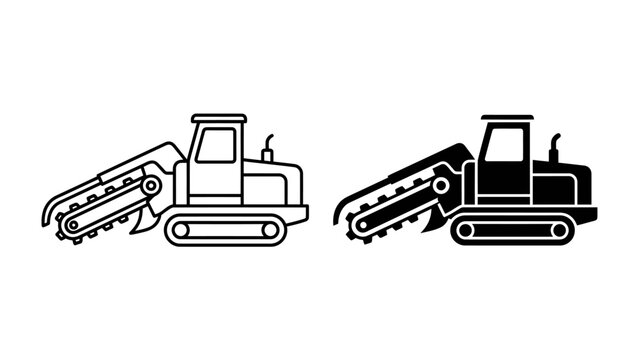 Trench Digger Icon: A set of line and silhouette icons depicting a tracked trench digging machine, also known as a trencher, with its digging chain extended, ready for excavation.