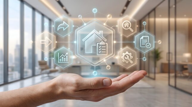 Real estate transaction management ecosystem displaying holographic property valuation and smart contract interface over business desk