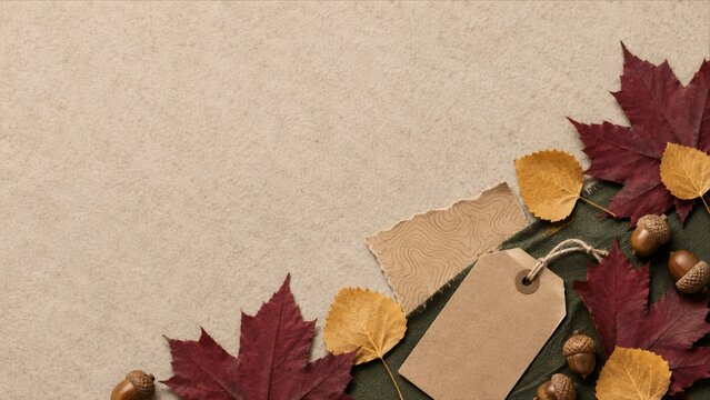 Autumn background with decorative paper tags and fall leaves for seasonal retail promotion copy space seasonal design retail sale paper tag advertising