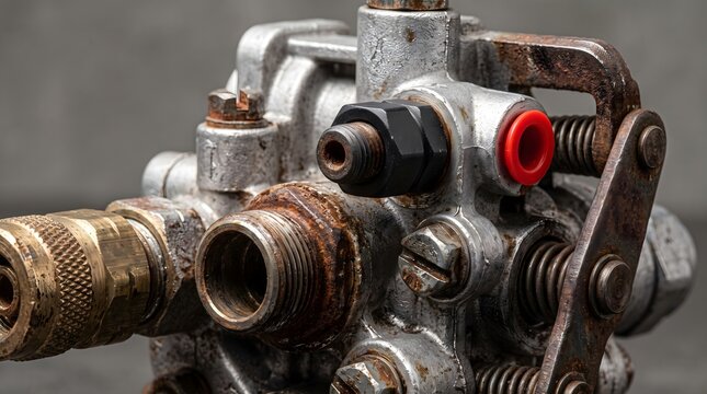 Macro view of rusty mechanical valve components and industrial hydraulic fittings with weathered metal textures industrial machinery maintenance concept