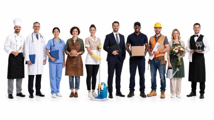 Obraz premium Diverse Group of Professionals from Different Industries Standing on White Background