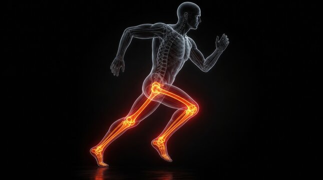 Digital illustration of a human skeleton running, highlighting key joints in orange to emphasize movement and biomechanics.