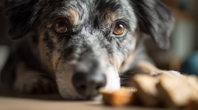 Nose work brain game: dog exploring a puzzle toy to find and eat dried treats