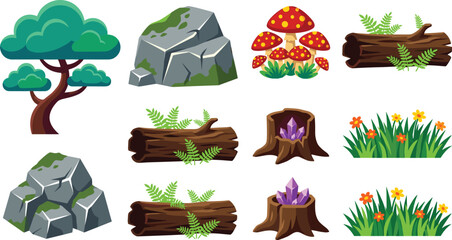 Cartoon 2D Game Nature Environment Vector Asset Set Featuring Bonsai Tree Mossy Rocks Mushrooms Fallen Logs Crystal Stumps and Grass Patches © Sanjida Creative