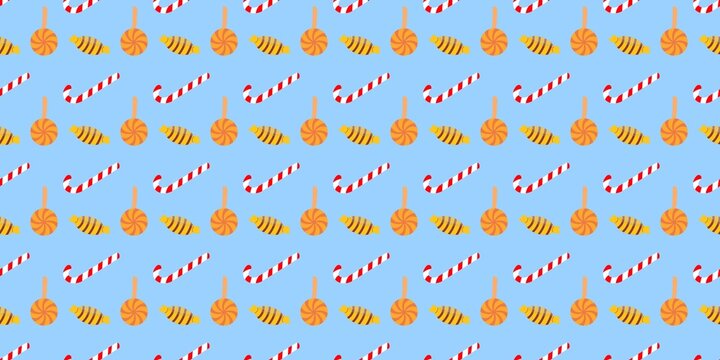 A delightful and cheerful seamless pattern featuring sweet treats, lollipops, and striped candy canes set against a soft pastel blue background. Ideal for textile printing, gift wrapping, wallpaper