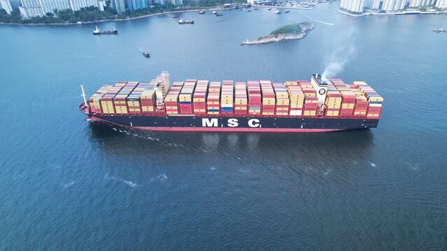 Hong Kong- April 16 2026: MSC container ship on the sea tunnel.