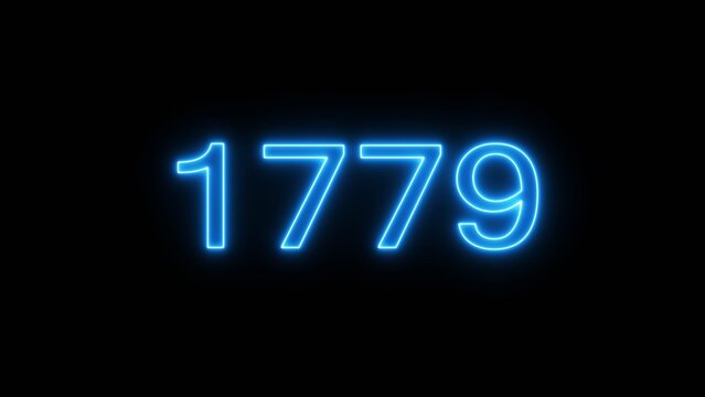 Neon blue light glowing display showing the four digit number seventeen seventy nine year.