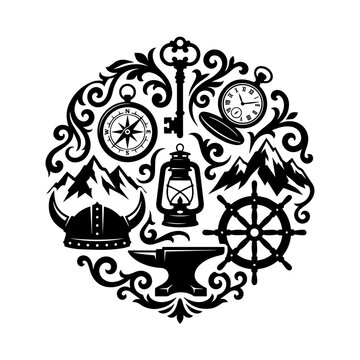 Circular composition of vintage including a viking helmet, ship wheel, lantern, compass, mountain range, and key on a white background