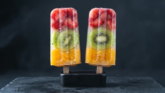 Two multi-layer fruit popsicles with strawberry kiwi and orange on dark background