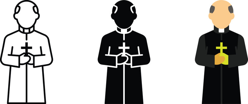 Priest icon set, religious leader in cassock with cross, vector illustration