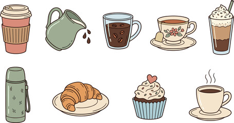 Fototapeta premium Cute Coffee and Bakery Icon Set Hand Drawn Cafe Elements Cup Croissant Cupcake Thermos Teapot Vector Illustration Collection