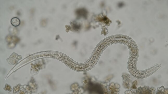 A microscopic close-up of a translucent nematode worm with visible internal structures among organic debris.