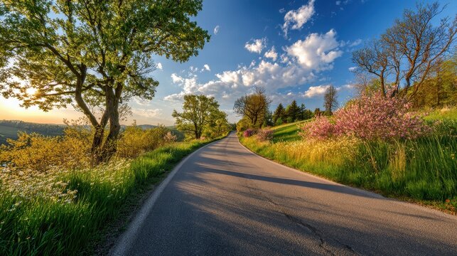 Open road through a vibrant spring landscape under a clear blue sky