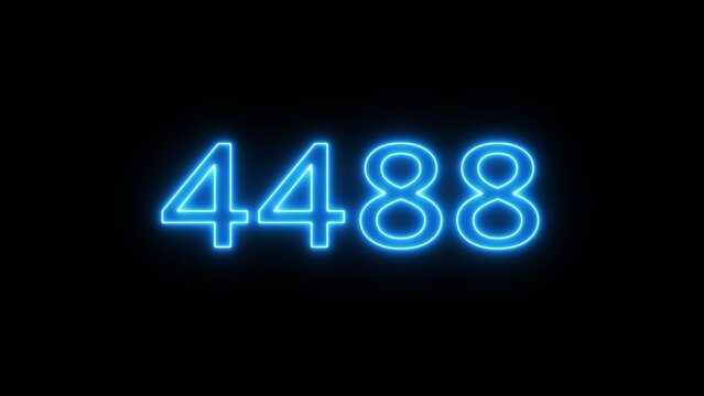 Bright neon blue number four thousand four hundred eighty eight glowing in dark environment.