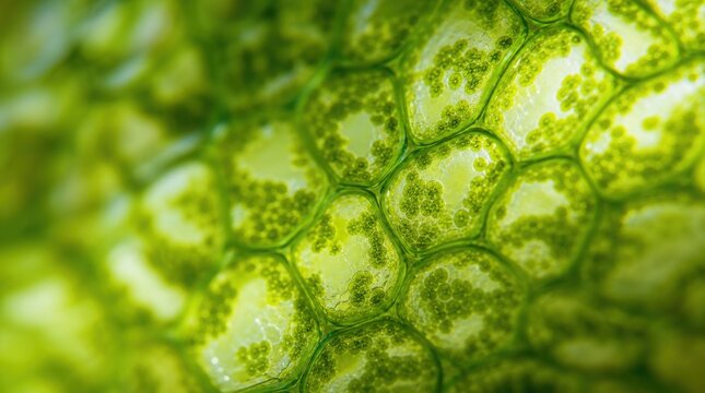Close-up macro image of green plant cells showing hexagonal structures and chloroplasts under microscope lighting.