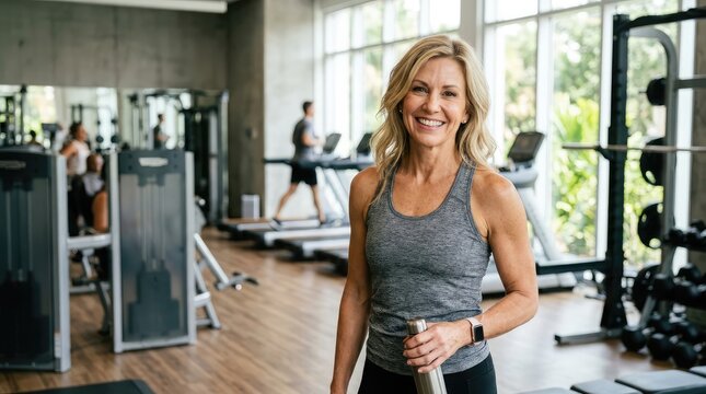 Portrait of a smiling athletic blonde woman holding a water bottle during a fitness workout at a modern gym