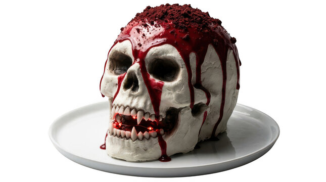 Vampire skull cake with red icing and glowing eyes isolated on transparent background