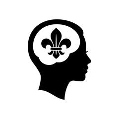 Fleur de lis symbol inside human head silhouette, royal heritage and cultural identity concept, black and white profile vector illustration isolated on White Background silhouette © Momtaz