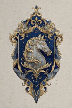 Ornate horse crest on shield with decorative engravings and blue and gold accents for logos or branding assets