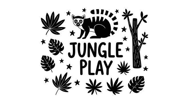 Black and white jungle play illustration with a lemur and tropical leaves.