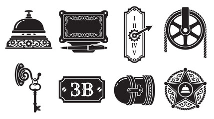 Black and white of various including a clock, briefcase, car, camera, and more © Vector Vault