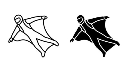 Wingsuit Flyer Silhouette: Iconic outline and filled silhouette of a person in a wingsuit, capturing the daring spirit of extreme sports and aerial adventure. © Tareq
