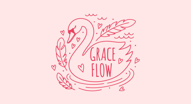 Elegant pink swan line art with hearts and Grace Flow typography.
