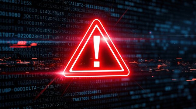A glowing red triangular warning sign with an exclamation mark overlays a dark digital background filled with alphanumeric code.