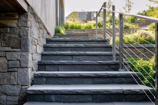 Outdoor Bluestone Staircase with Minimalist Cable Railing