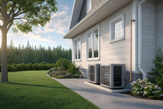 Outdoor condensers mounted on house exterior with wiring, pad, and tidy landscaping
