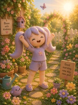 Cute 3D Clay Girl Celebrating a Happy Morning in Blooming Spring Garden