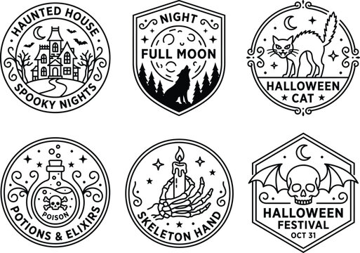 Spooky halloween emblem vector set, circular and shield badges, haunted house, wolf howling, halloween cat, poison elixir bottle, winged skull
