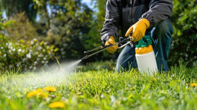 Outdoor lawn care: applying weed killer with a portable sprayer