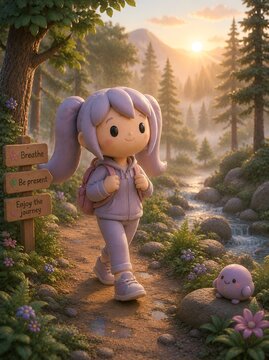 Cute 3D Clay Girl Mindfully Walking Along Peaceful Forest Trail at Sunrise