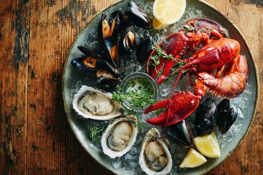 Overhead seafood platter featuring lobster, mussels and oysters on ice with lemon and herbs
