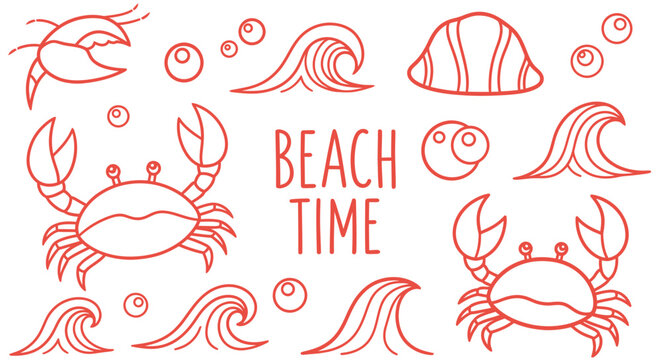 Minimalist red line art illustration featuring crabs, waves, and beach time text on white background.