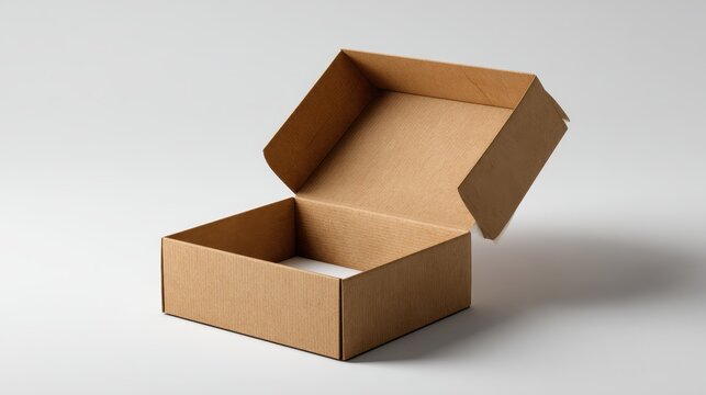 Overhead photograph of a brown corrugated shipping box with lid raised