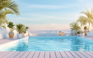 Fototapeta premium Relaxing outdoor pool view with tropical plants and wooden deck at sunset