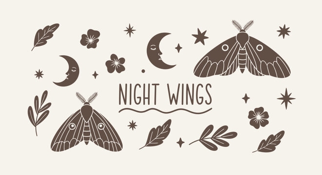Boho celestial moth and moon icon set with mystical night wings typography and botanical elements.