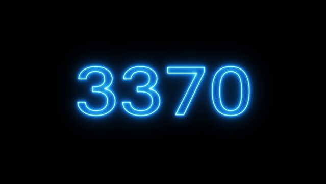 Neon blue light number 3370 isolated on black background for digital timer and countdown.